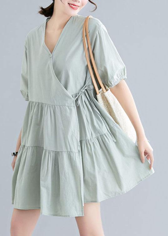 Green Short Sleeve a Line Dress Cotton