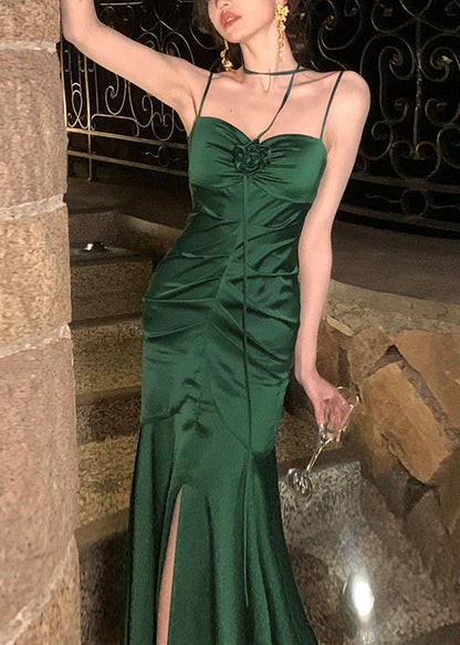 Green Slash Neck Cinched Patchwork Satin Maxi Fishtail Dress Summer