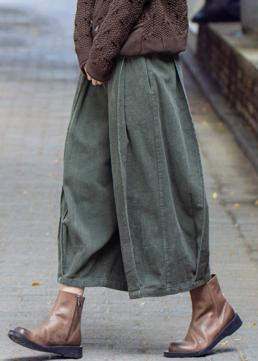 Green High Waist Corduroy Wide Leg Pants Spring
