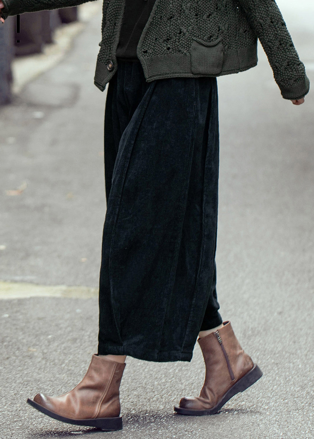 Green High Waist Corduroy Wide Leg Pants Spring