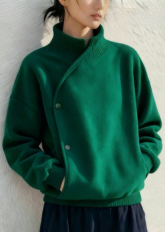 Green Stand Collar Button Pockets Cotton Sweatshirt Winter