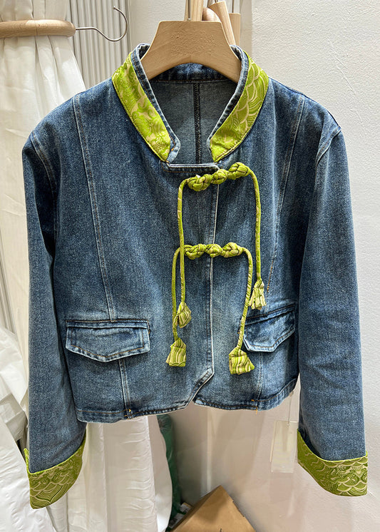 Green Stand Collar Chinese Button Denim Coat Spring