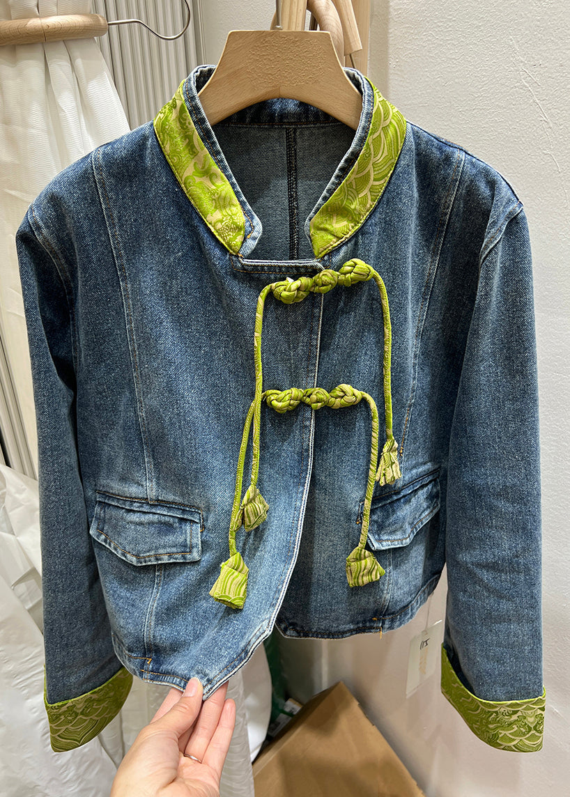 Green Stand Collar Chinese Button Denim Coat Spring