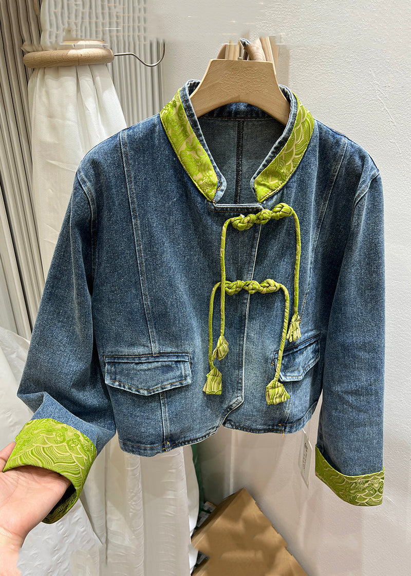 Green Stand Collar Chinese Button Denim Coat Spring