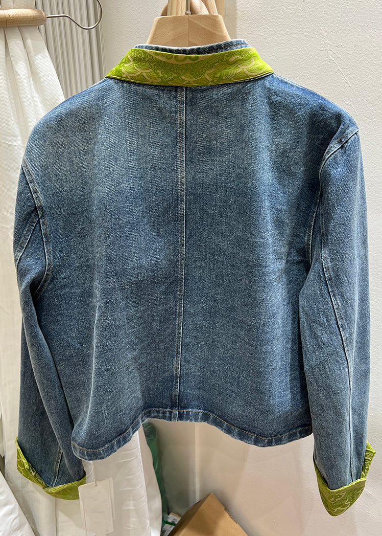 Green Stand Collar Chinese Button Denim Coat Spring
