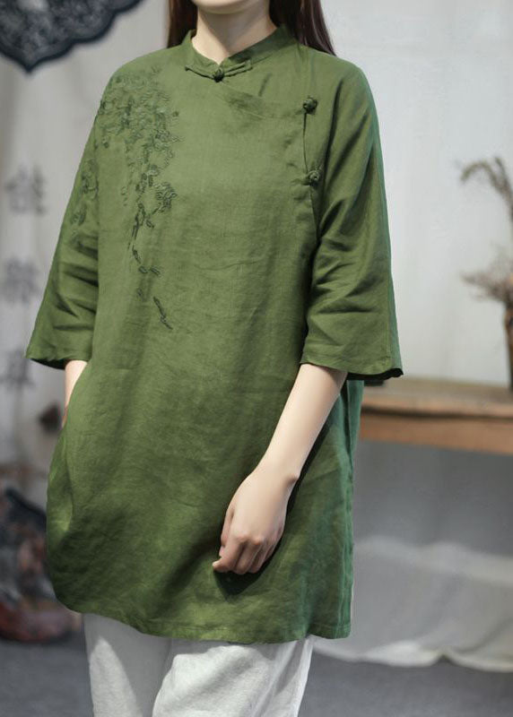 Green Stand Collar Embroideried Linen Tops Half Sleeve