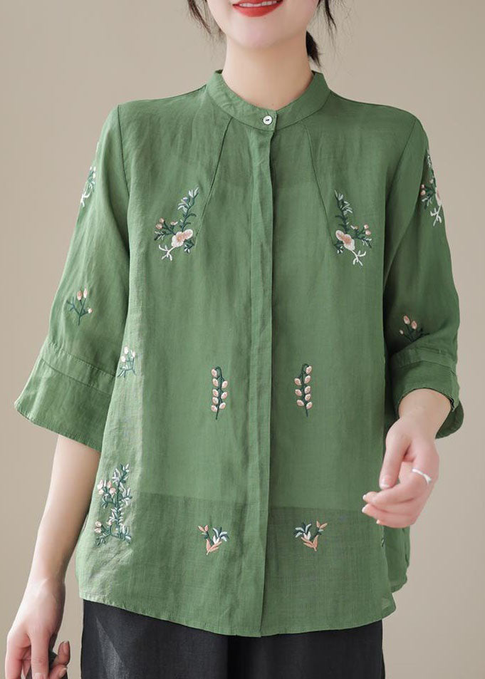 Green Stand Collar Embroideried Patchwork Linen Tops Summer