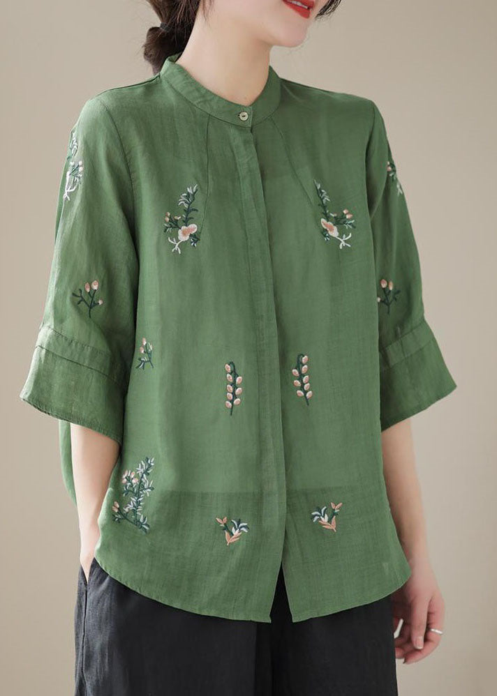 Green Stand Collar Embroideried Patchwork Linen Tops Summer