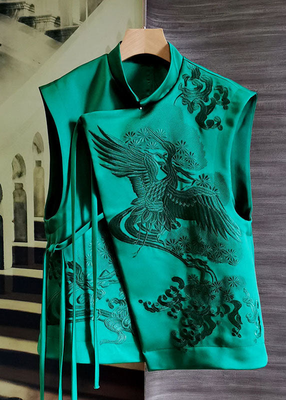 Green Stand Collar Embroideried Patchwork Silk Vest Sleeveless