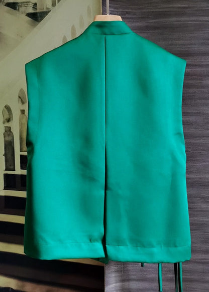 Green Stand Collar Embroideried Patchwork Silk Vest Sleeveless