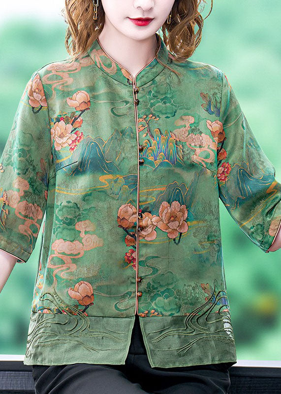 Green Stand Collar Embroideried Print Button Silk Blouse Tops Half Sleeve