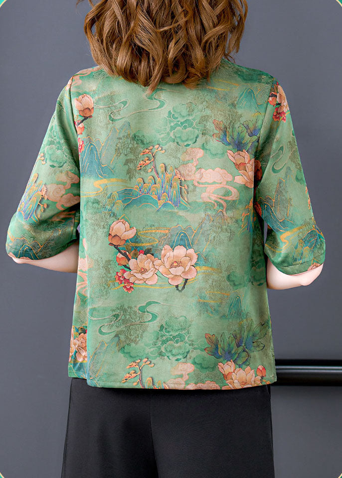 Green Stand Collar Embroideried Print Button Silk Blouse Tops Half Sleeve