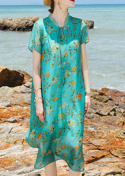 Green Stand Collar Lace Up Print Silk a Line Dress Short Sleeve