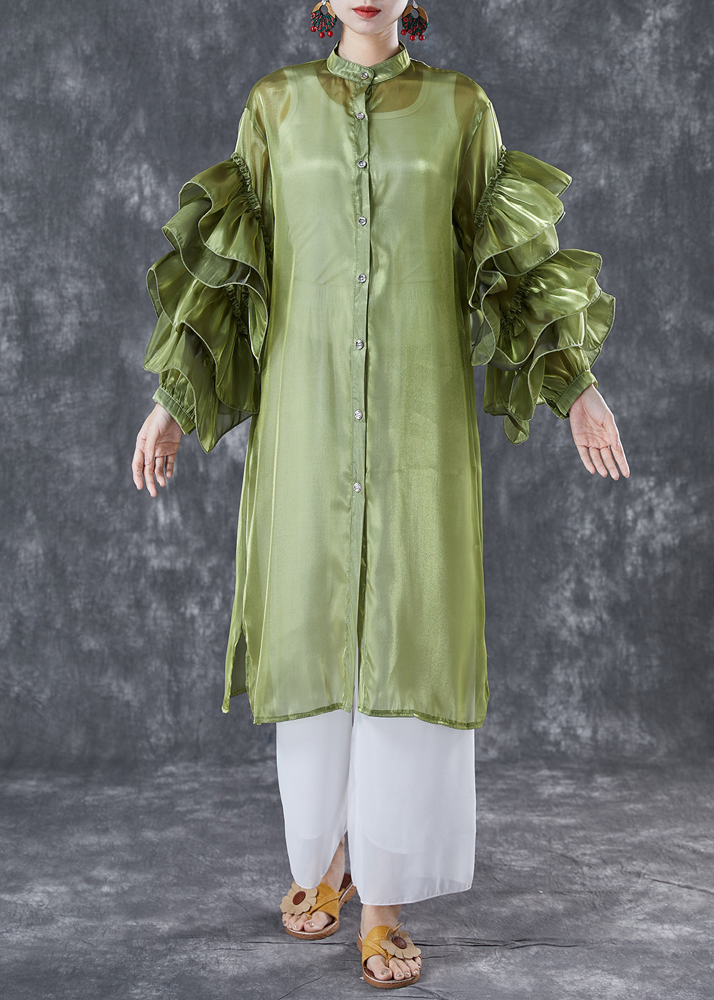 Green Stand Collar Patchwork Chiffon Holiday Dress Summer