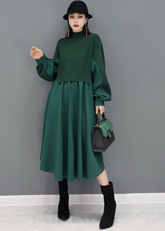 Green Stand Collar Patchwork Knit Cotton Shirt Dress Long Sleeve