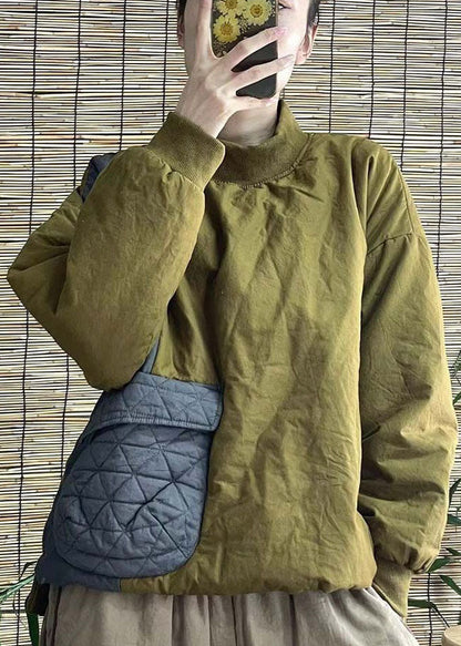 Green Stand Collar Pocket Patchwork Fine Cotton Filled Parkaer Winter