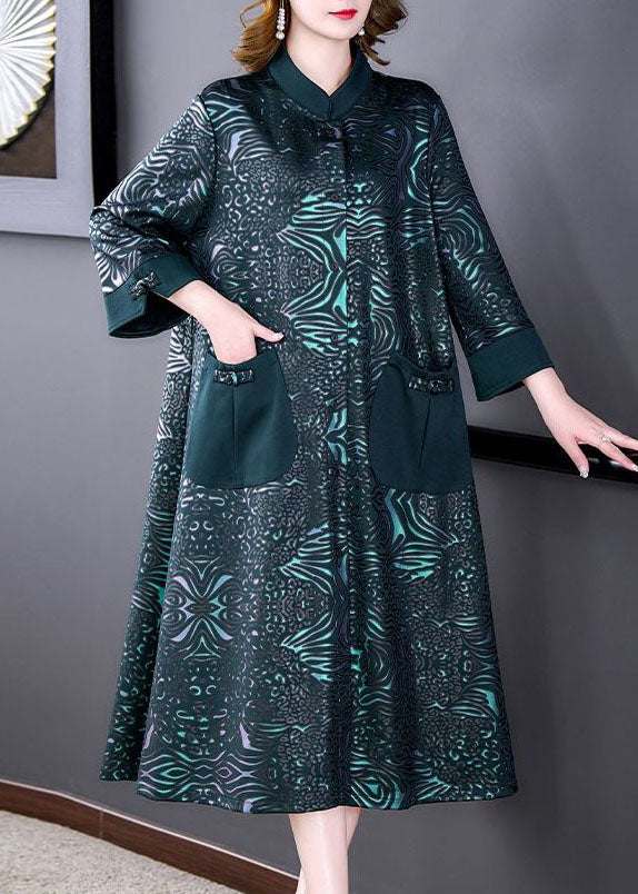 Green Stand Collar Pockets Print Silk Trench Spring