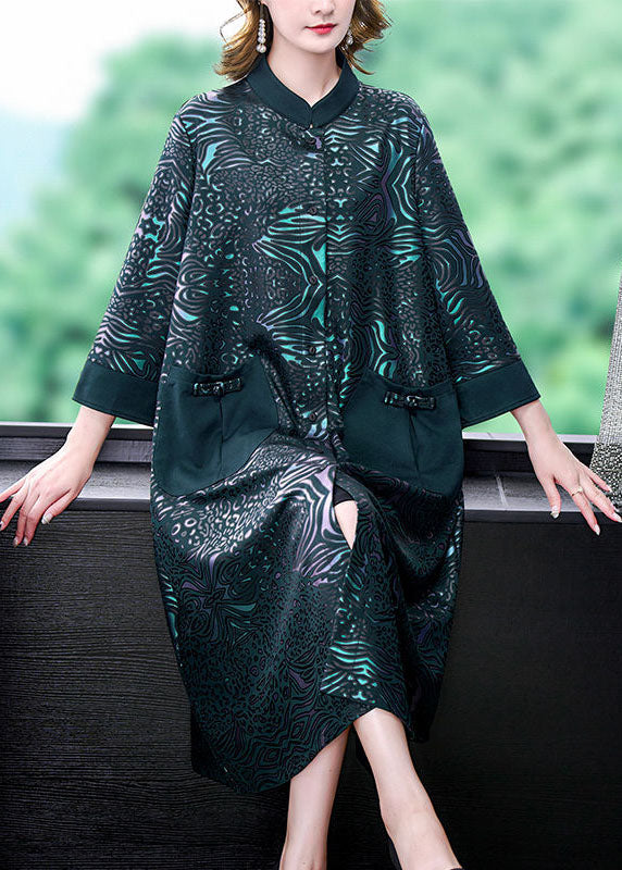 Green Stand Collar Pockets Print Silk Trench Spring