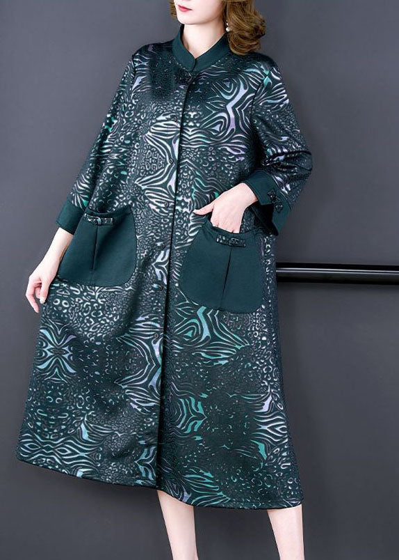 Green Stand Collar Pockets Print Silk Trench Spring