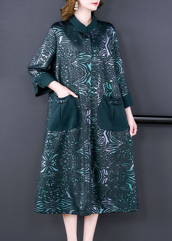 Green Stand Collar Pockets Print Silk Trench Spring