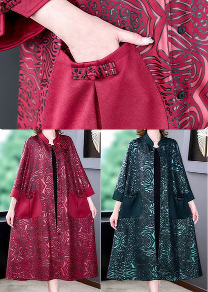 Green Stand Collar Pockets Print Silk Trench Spring