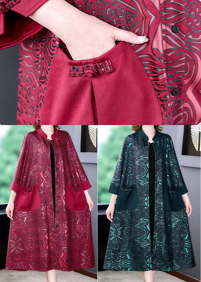 Green Stand Collar Pockets Print Silk Trench Spring