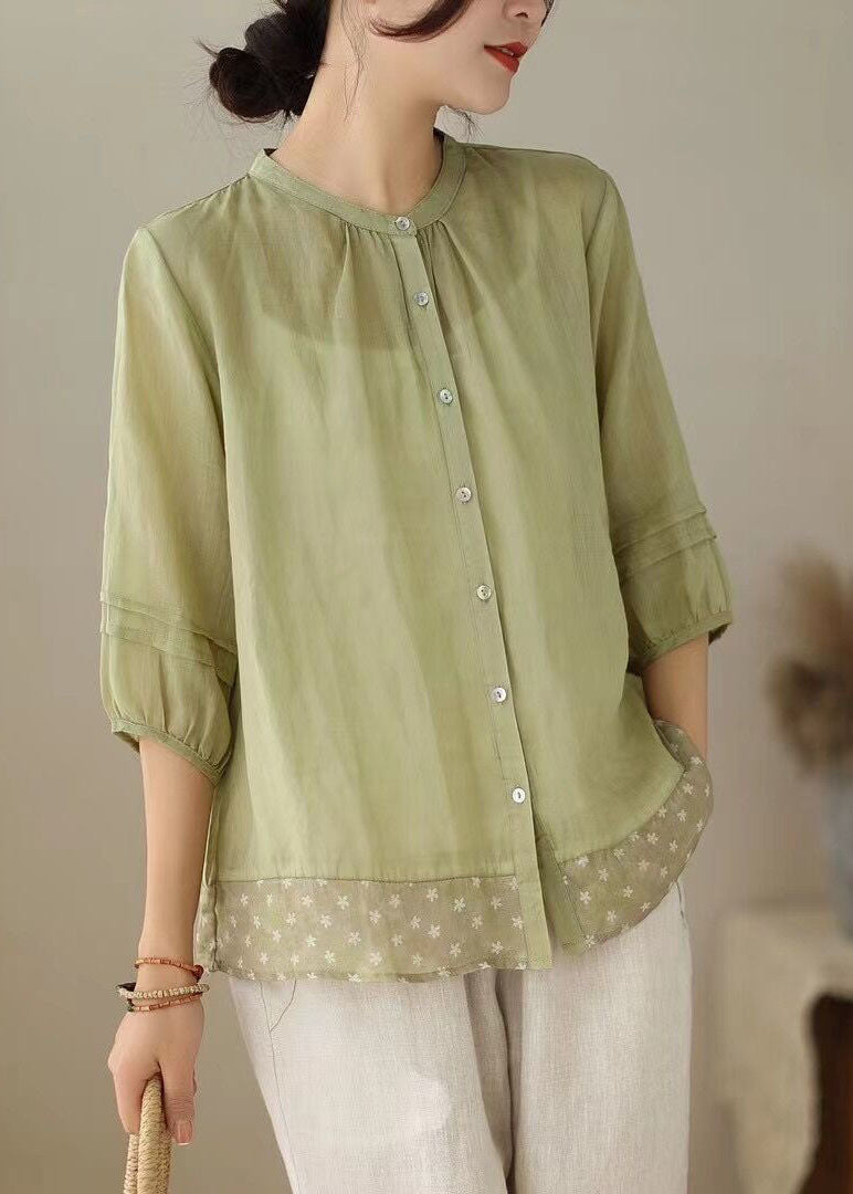 Green Stand Collar Print Patchwork Linen Shirt Tops Summer