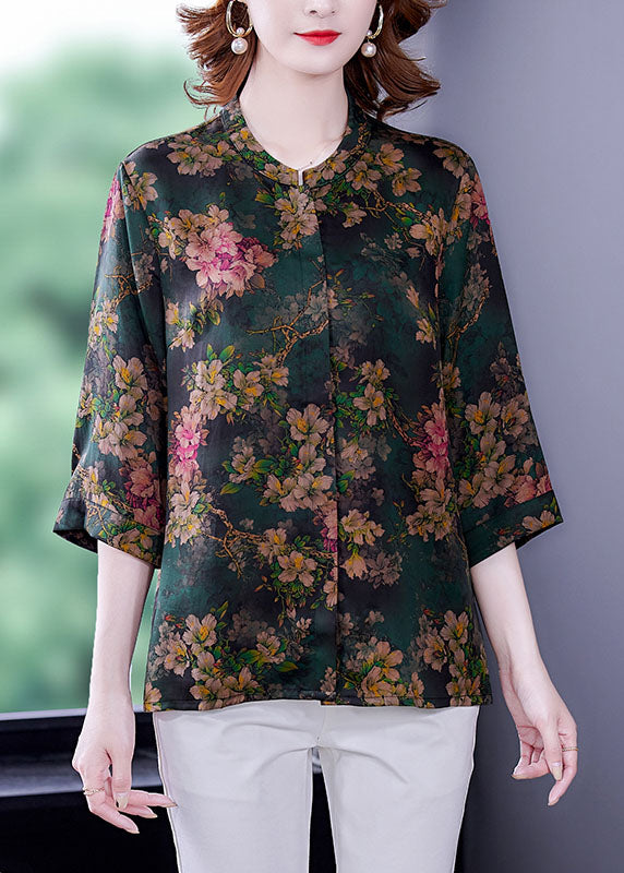 Green Stand Collar Print Silk Shirt Bracelet Sleeve