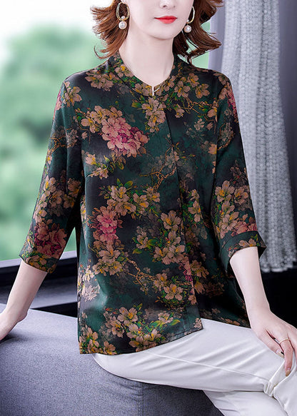 Green Stand Collar Print Silk Shirt Bracelet Sleeve