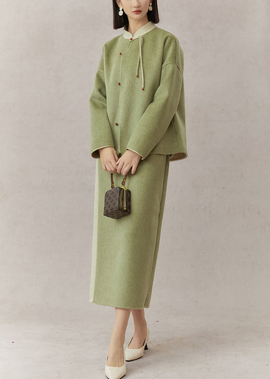 Green Stand Collar Tasseled Patchwork Woolen Two Pieces Set Fall