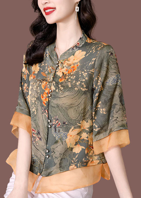 Green Stand Collar Tulle Patchwork Print Silk Shirt Tops Half Sleeve
