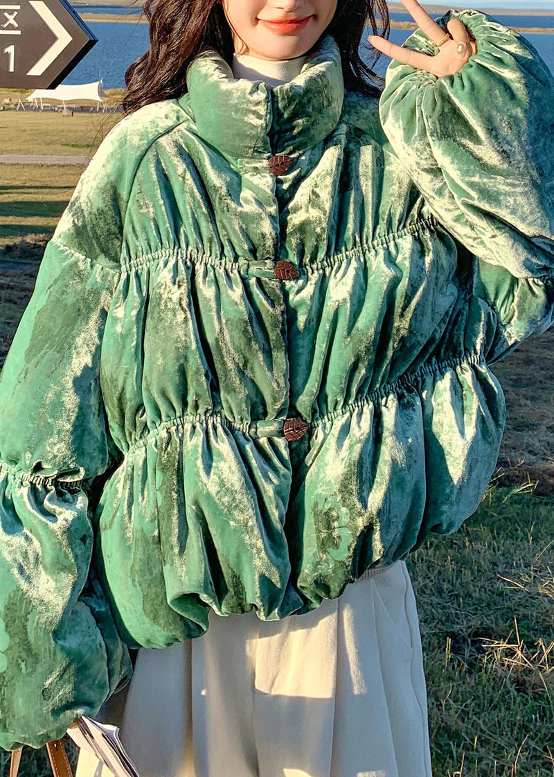 Green Stand Collar Velvet Duck Down Puffers Jackets Winter