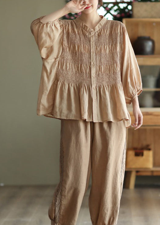 Green Stand Collar Wrinkled Patchwork Cotton Shirt Summer