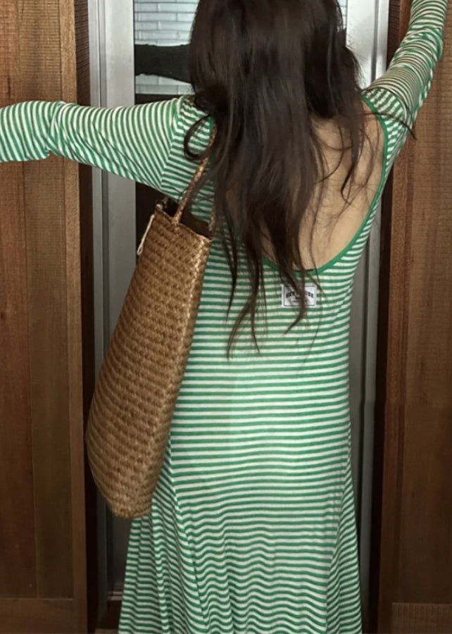 Green Striped Backless Cotton T Shirt Dress Long Sleeve