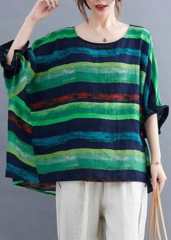 Green Striped Low High Design Top Summer