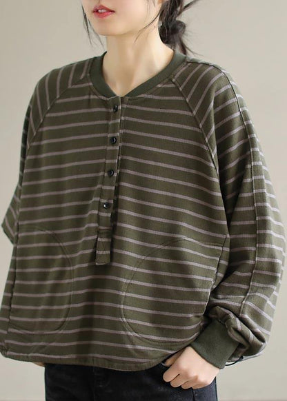 Women Green Striped Tops Women Blouses O Neck Plus Size Clothing Spring Shirt