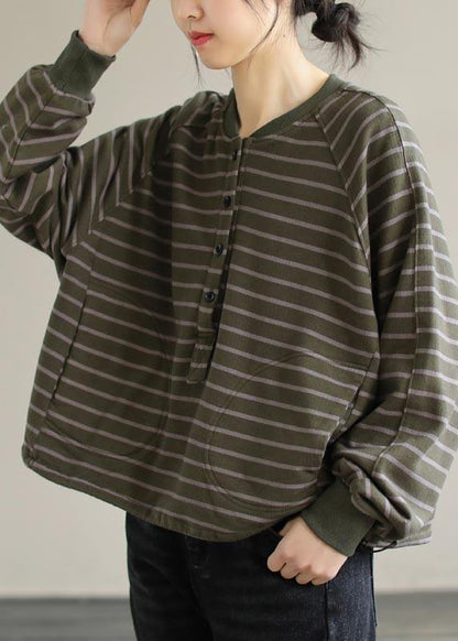 Women Green Striped Tops Women Blouses O Neck Plus Size Clothing Spring Shirt