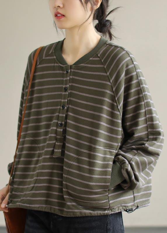 Women Green Striped Tops Women Blouses O Neck Plus Size Clothing Spring Shirt