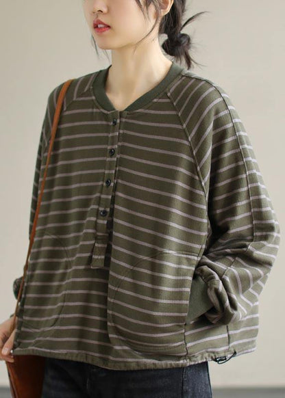 Women Green Striped Tops Women Blouses O Neck Plus Size Clothing Spring Shirt
