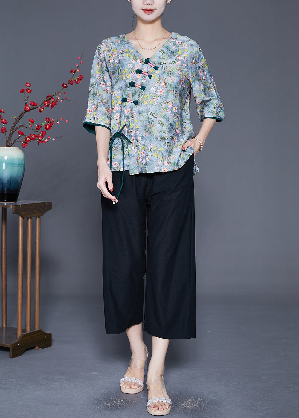 Green Tie Dye Chinese Button Linen Shirt Top Summer