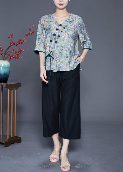 Green Tie Dye Chinese Button Linen Shirt Top Summer