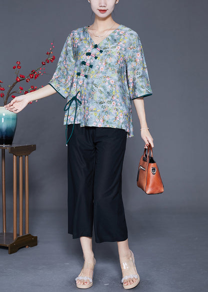 Green Tie Dye Chinese Button Linen Shirt Top Summer