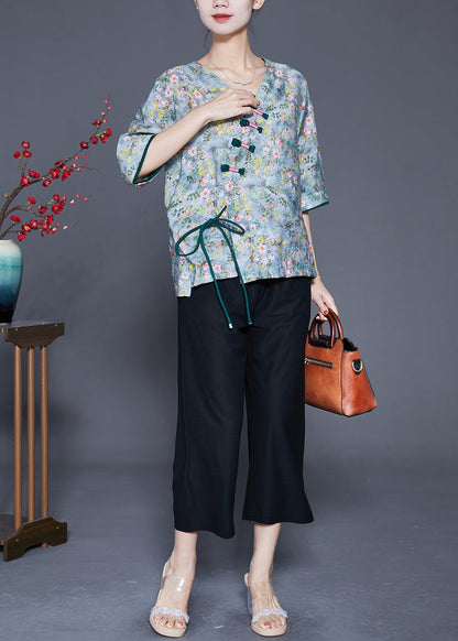 Green Tie Dye Chinese Button Linen Shirt Top Summer