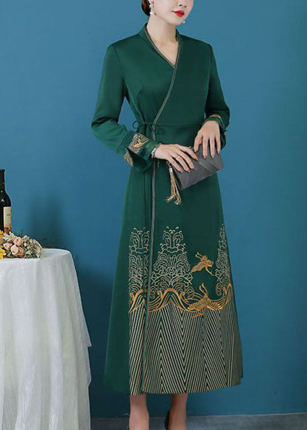 Green Tie Waist Print Silk Cinch Dress Fall