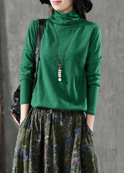 Green Turtleneck Patchwork Knitting Cotton Long Sleeve