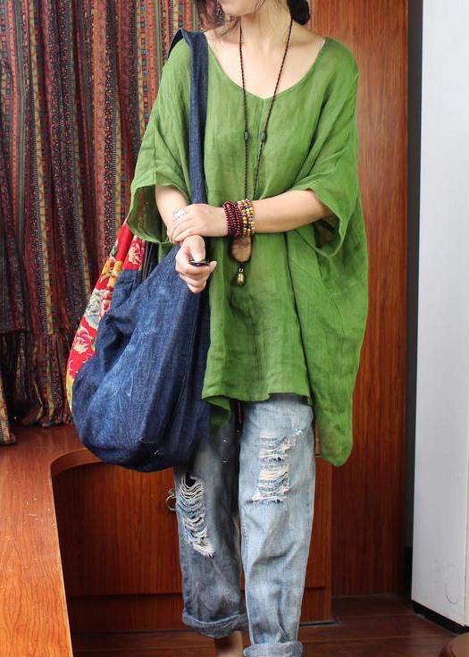 Green U Neck Linen Summer Shirt Tops