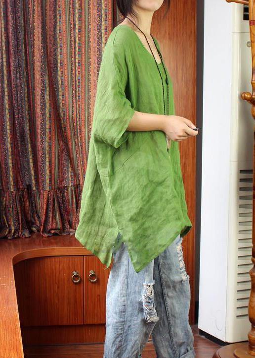 Women Green U Neck Linen Summer Shirt Tops