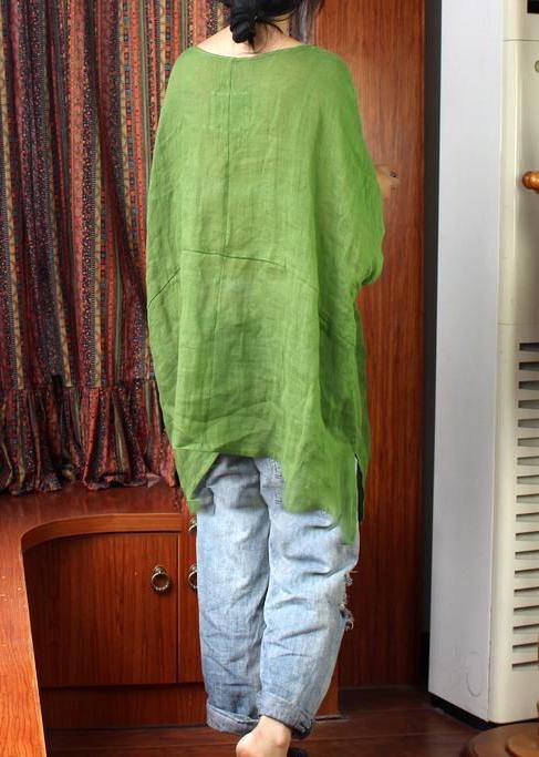 Women Green U Neck Linen Summer Shirt Tops