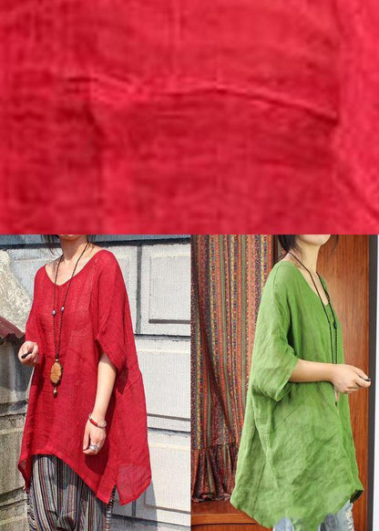 Women Green U Neck Linen Summer Shirt Tops