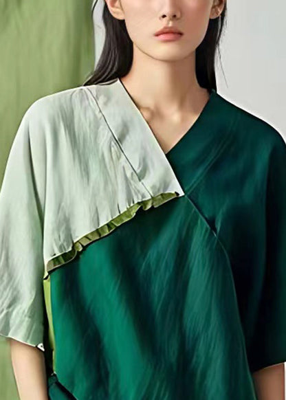 Green V Neck Asymmetrical Cotton T Shirt Half Sleeve